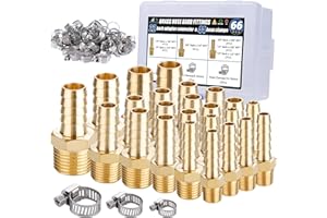 Ailbiuko 22Pcs Brass Hose Fittings, 3/8" Barb to 1/4" NPT, 1/4" Barb to 1/4" NPT Male, 1/8" 1/4" 3/8" 1/2" Barbed Air Hose Kit with 44Pcs Pipe Hose Clamps