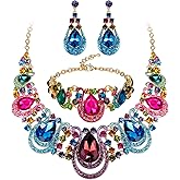 BriLove Women's Teardrop Crystal Statement Necklace Cluster Hollow Dangle Earrings Chain Bracelet Bib Jewellery Set for Wedding Bride Bridesmaid