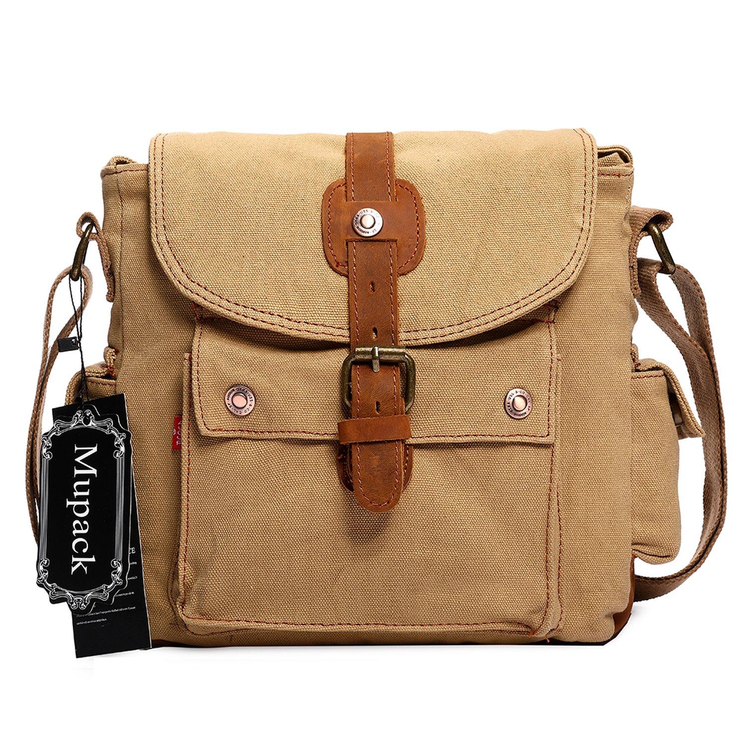Mupack Vintage Canvas Messenger Bag Men Leather Shoulder Satchel Shoulder Bookbag Working Bag (Khaki)