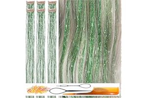 CelineBella Hair Tinsel Clip In Heat Resistant 24" Green Tinsel Hair Strands for Party Cosplay Halloween Very Cute for Kids Girls