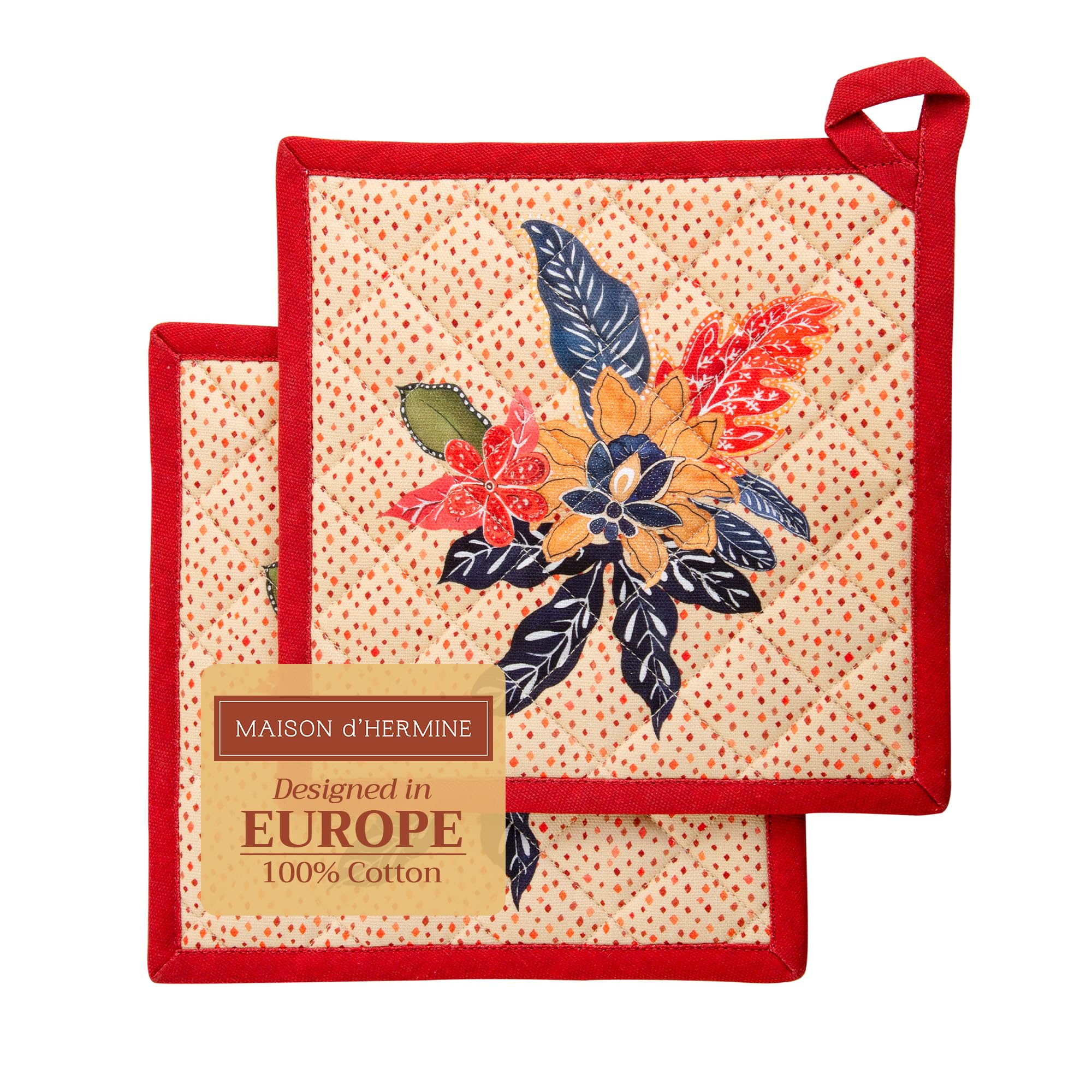 Maison d' Hermine Pot Holders Set 100% Cotton Heat Resistant Potholders 20 cm x 20 cm Hot Pads with Loop for Christmas Decorations BBQ Cooking Baking Handling Hot Pans (Pack of 2, Kalahari)