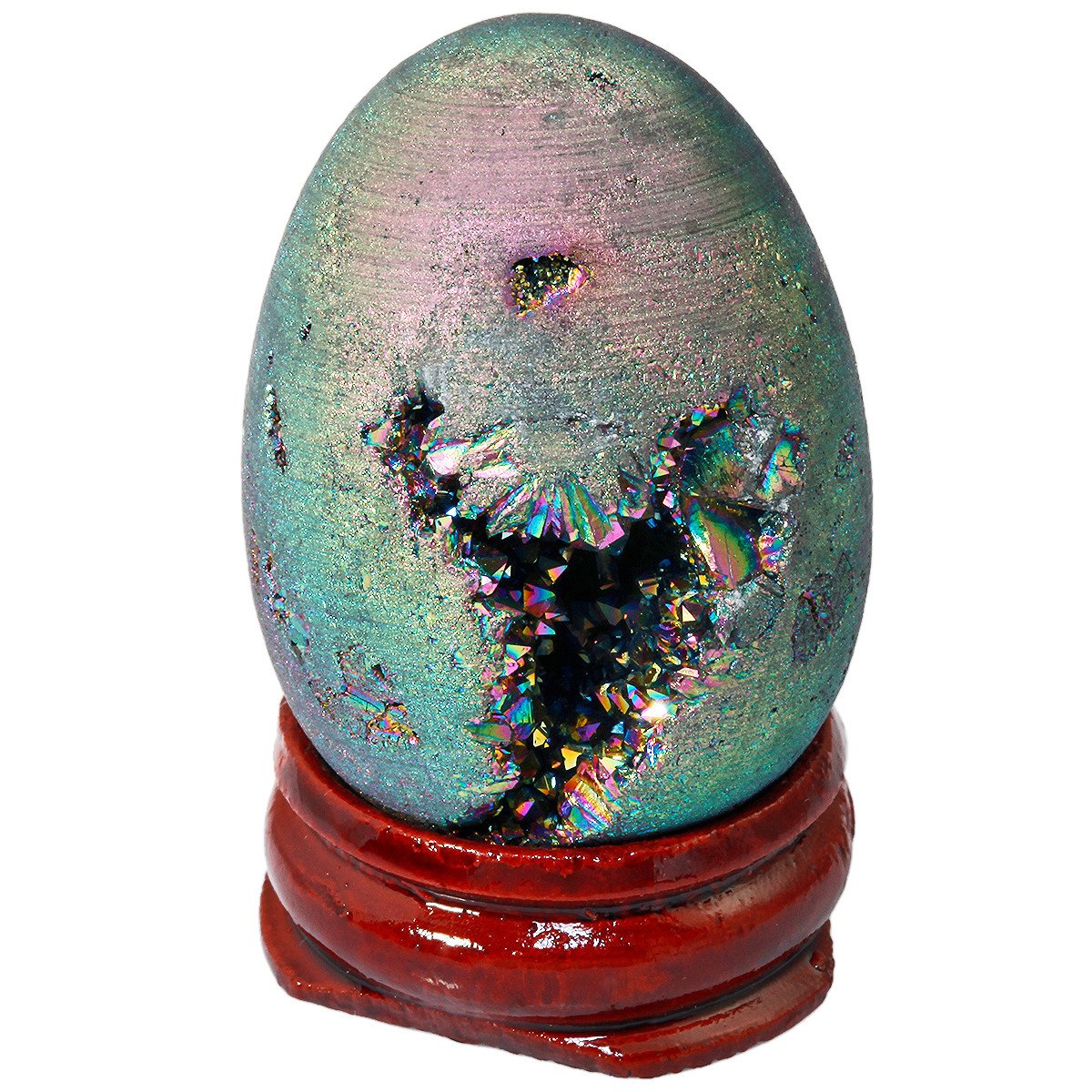 Nupuyai Druzy Agate Geode Crystal Egg with Stand, Rainbow Titanium Coated Quartz Cluster Specimen Spiritual Healing Stone for Home Decor