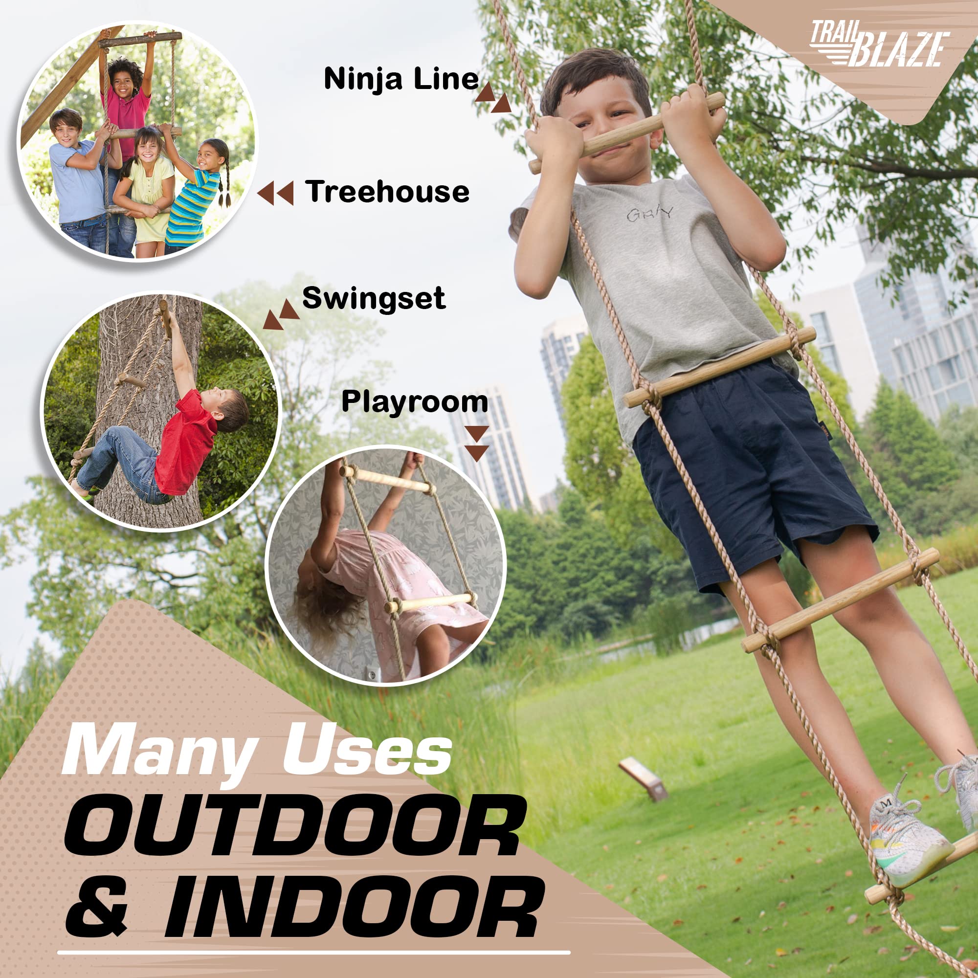 Wooden Rope Ladder for Kids - Playset Ladder for Ninja Warrior Obstacle Course Accessories | Treehouse Swing Set Bunk Bed | Playground Ninja Obstacles