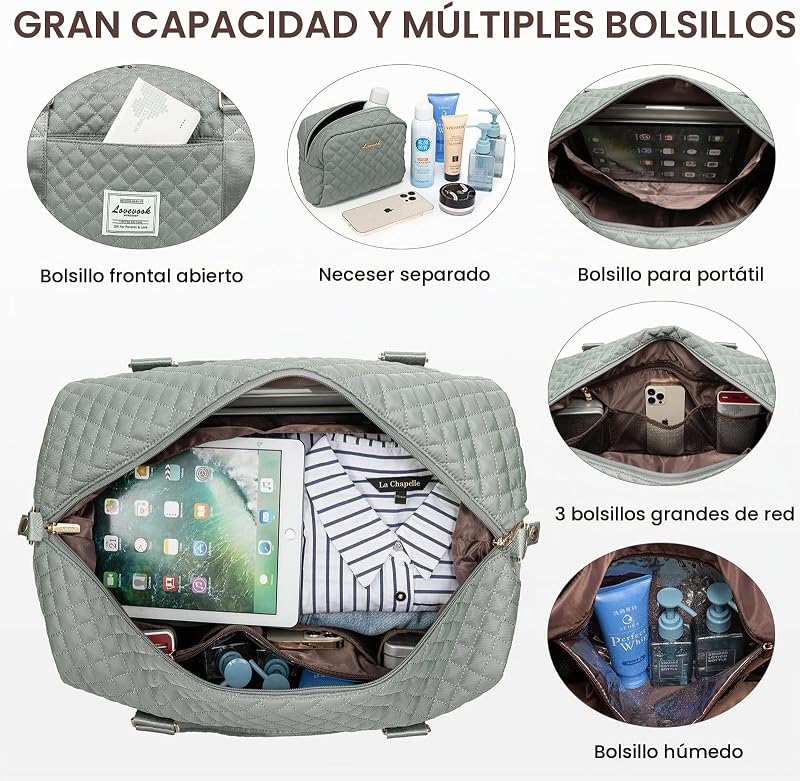 Bolsa de Viaje Mujer Bolsa Deporte Mujer Grande Maletas de Cabina Avion Travel Duffle Bag Bolso Maternidad Hospital Equipaje de Mano con Neceser Organizador para Viaje Gym Playa Sauna