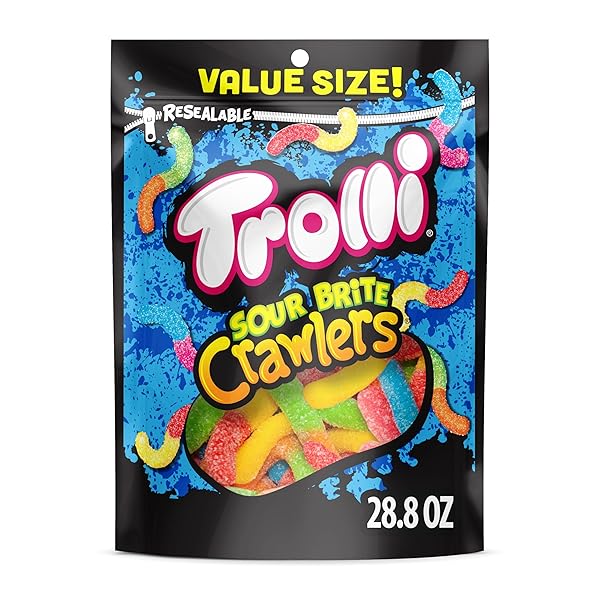 TROLLI SOUR BRITE CRAWLERS, CANDY, CHERRY-LEMON, STRAWBERRY-GRAPE & ORANGE-LIME, SWEET AND SOUR, GUMMY WORMS, 28.8 OZ