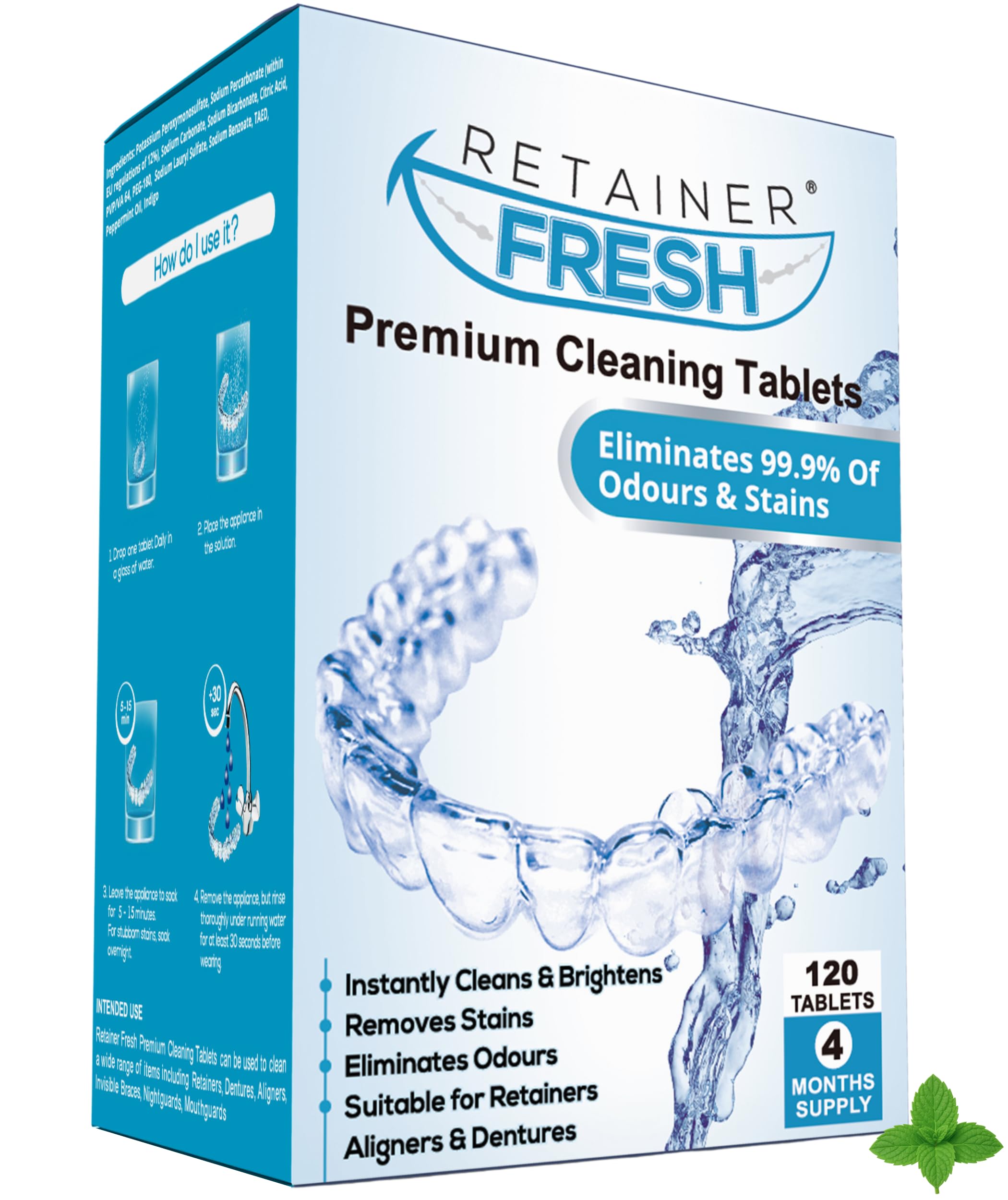 Retainer Cleaner Tablets - 120 Tablets 4 Month Retainer Fresh - Retainer Cleaning Tablets, Mouth Guard Cleaner, Denture Cleaner, Aligner Cleaner, Brite Retainer Tablets