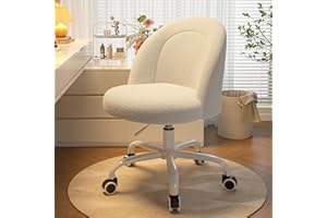 DurayLoly White Vanity Chair with Wheels, Cute Desk Chair with Back, Armless Office Chair Height Adjustable, Soft Lumbar Support for Small Space, Bedroom
