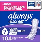Always Discreet Incontinence Pads for Women, 7-Drop, 104 Count