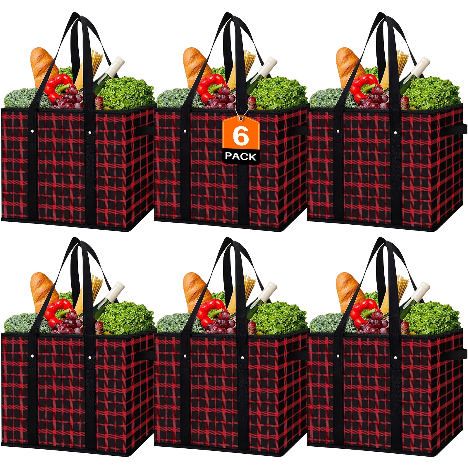 WISELIFE Reusable Grocery Bags 6 Pack,Large Grocery Tote Bag Water Resistant Shopping Bags Foldable Grocery Bag for Clothes,Shoes and Picnic,Red Image