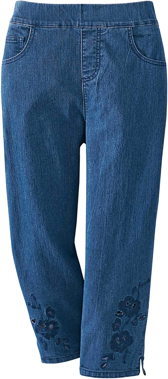 stretch denim capris with pockets