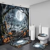 4PCS Halloween Shower Curtain Set with Non-Slip Rug, Toilet Lid Cover and Bath Mat, Moon Night Forest Pumpkin Shower Curtain with 12 Hooks, Waterproof Shower Curtain for Halloween Bathroom Decor