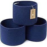 MiniArk Small Basket for Organizing | Cube Shelf Closet Storage Baskets | 9.7×9.7×7.1” | Woven Rope Gift Basket | Nursery | Round 3 Packs Navy Blue