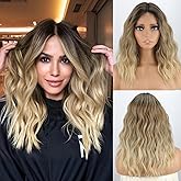 MISSQUEEN Medium Length Ombre Blonde Wavy Wig Short Curly Blond Wig for Women Synthetic Middle Part Heat Resistant Fiber Blonde Hair Wigs for Everyday Hairstyle Party Use
