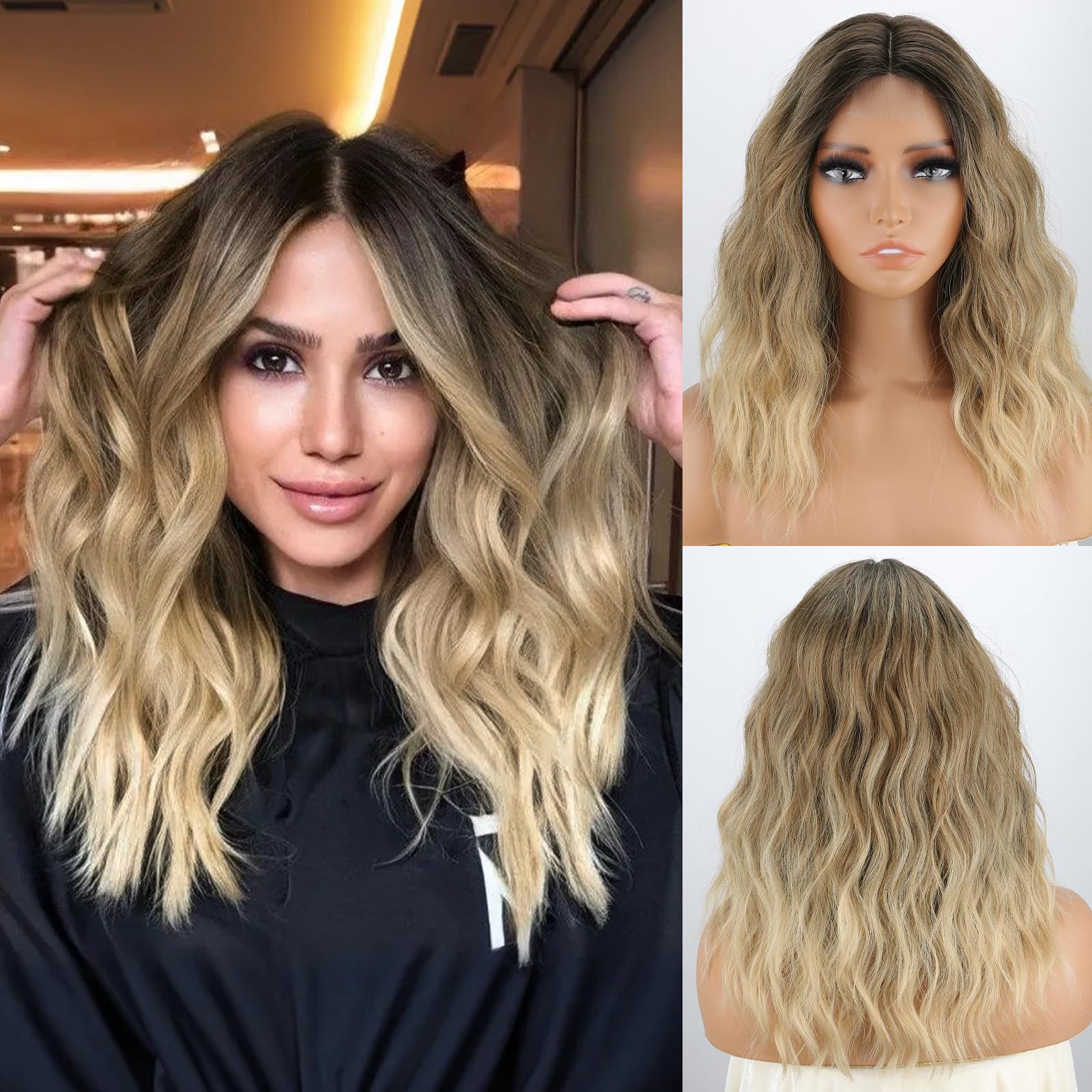 Photo 1 of MISSQUEEN Medium Length Ombre Blonde Wavy Wig Short Curly Blond Wig for Women Synthetic Middle Part Heat Resistant Fiber Blonde Hair Wigs for Everyday Hairstyle Party Use