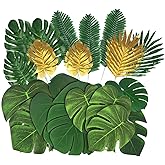 LOMIRO 86Pcs 8Kinds Artificial Tropical Palm Leaves Jungle Safari Leaves Faux Plant Golden Leaves Decorations for Hawaiian Beach Birthday Luau Party Table Decorations