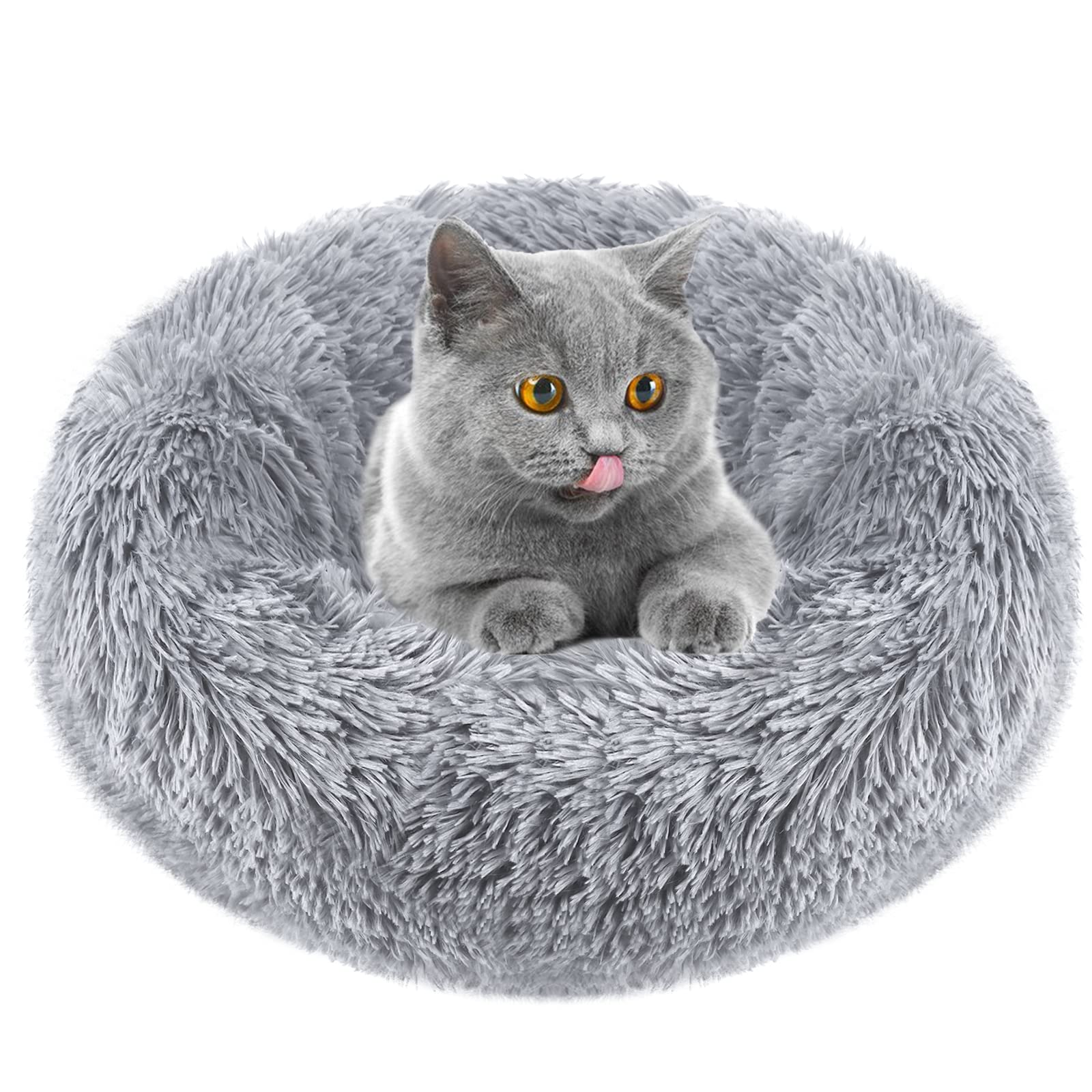 CMQC Donut Cuddler Cat Dog Bed, Comfortable Round Plush Cat Bed Washable Self-Warming Pet Bolster Bed, Luxury Cat Cushion Bed Calming Dog Beds for Kitten Cat Puppy Dog(50X50CM, Grey)