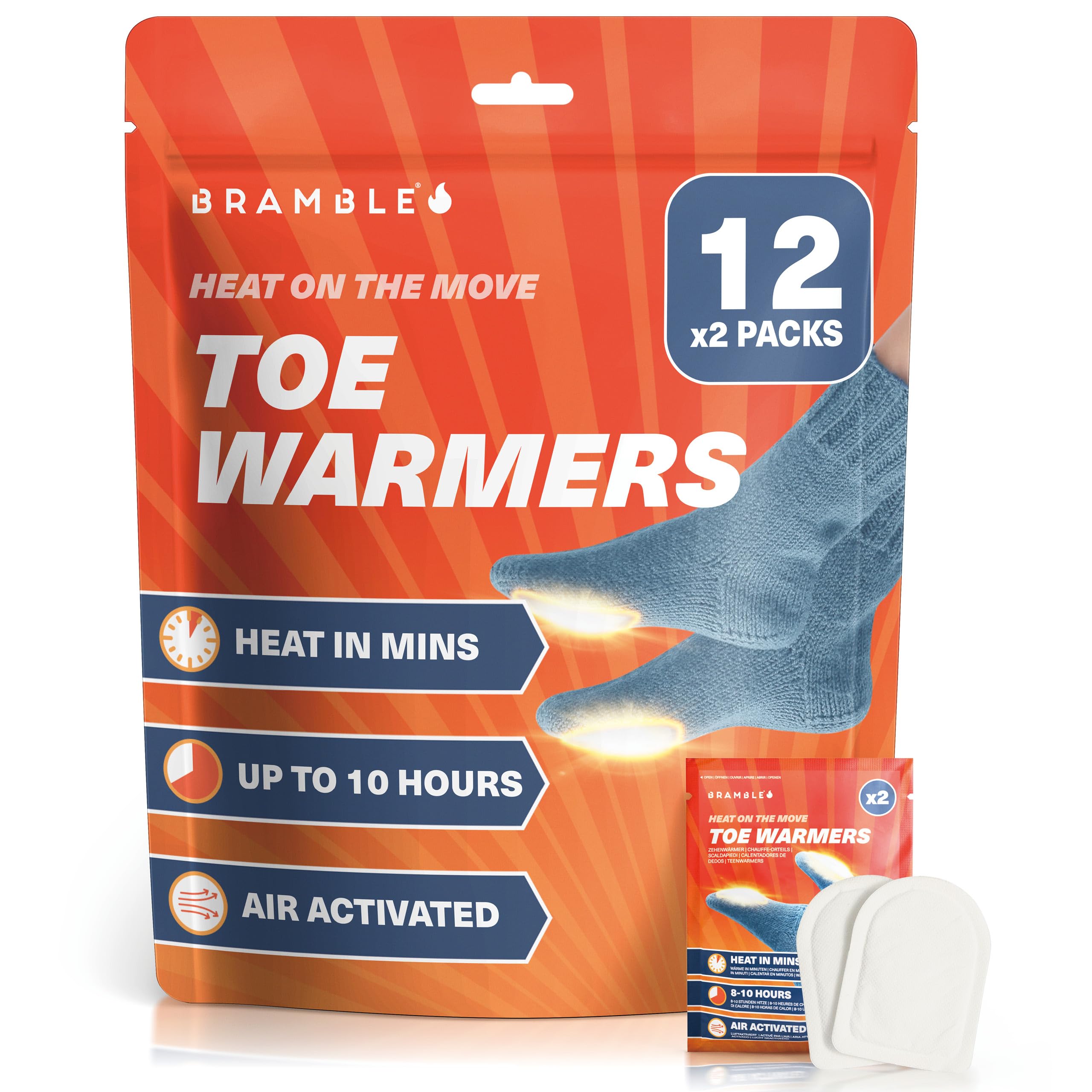 Bramble - Adhesive Toe Warmers (12 Pairs, 24 Total) - Ultra-Thin Stick-On Patches for Shoes and Boots - Air-Activated & Odour-Free - Up to 10 Hours of Heat
