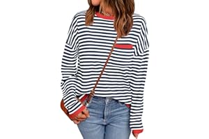 LILLUSORY Womens Oversized Striped Soft Knit Pullover Sweater Shirts with Chest Pocket