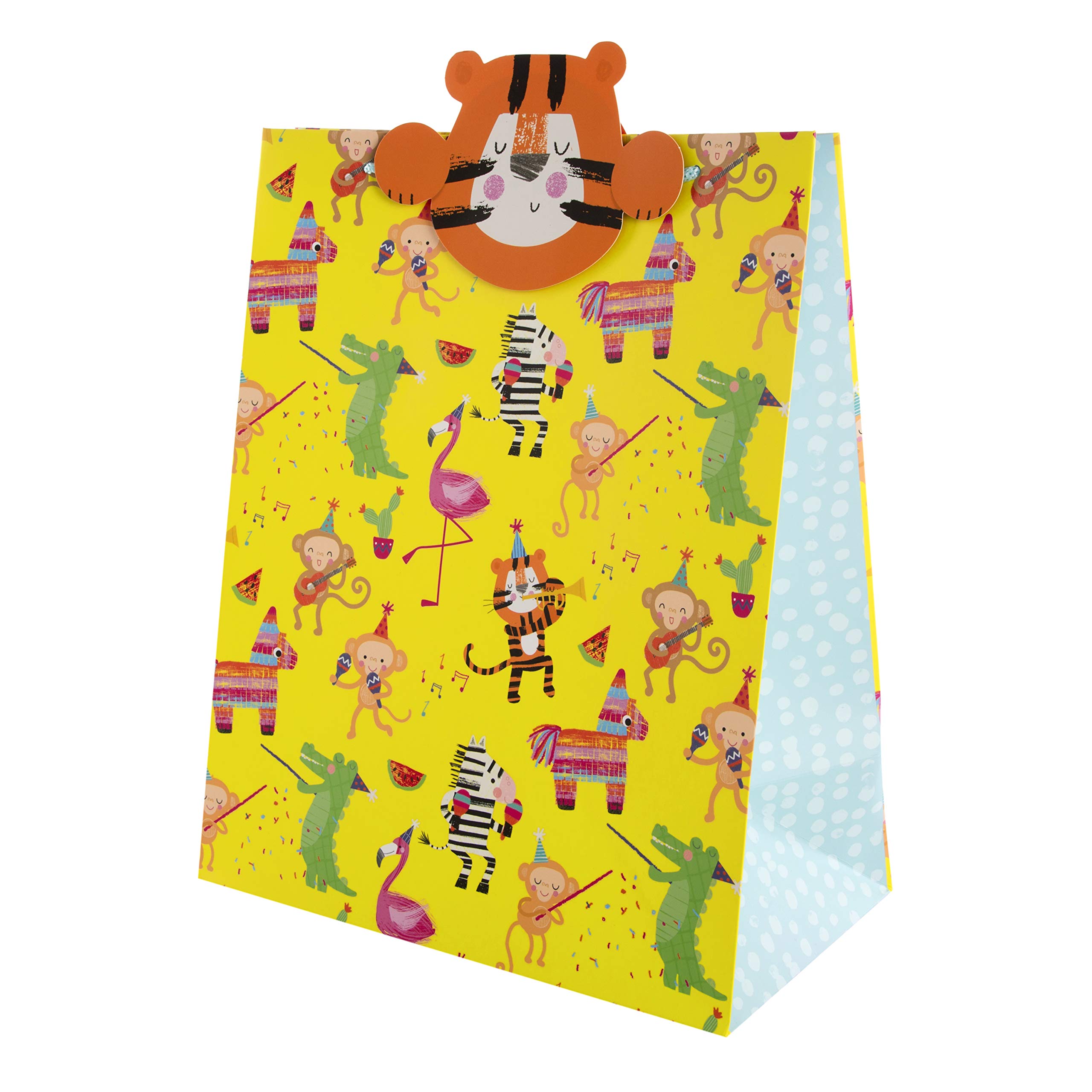 Hallmark Kids Birthday Gift Bag, Party Animals Design with Keepsake Tiger 'Bag Buddy' Gift Tag, Yellow