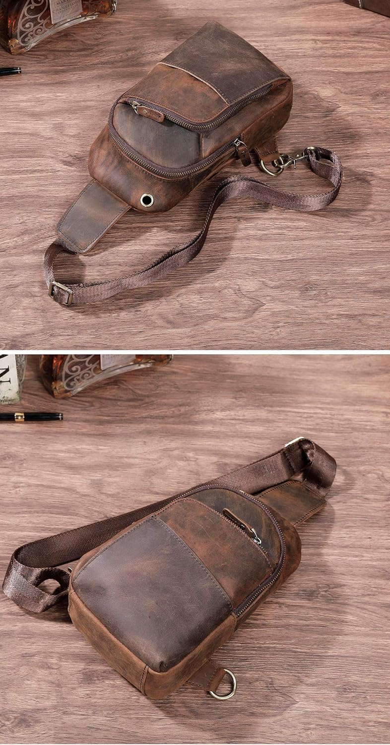 Le'aokuu Men Outdoor Casual Travel Hiking Tea Crossbody Chest Sling Bag Rig One Shoulder Strap Bag Backpack Men Leather 8010 (8010 A1 Brown) - Image 4