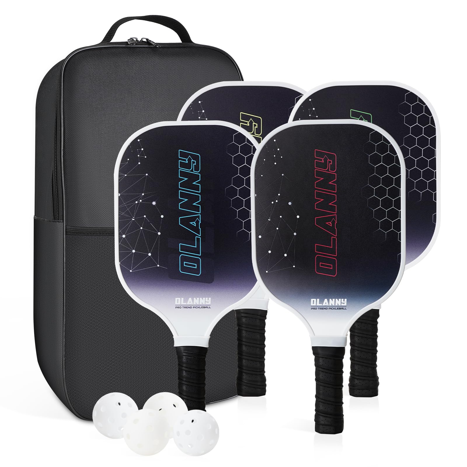 OLANNY Pickleball Paddles - Premium Rackets Face & Polymer Honeycomb Core Includes 4 Pickleball Paddles+ 2 Indoor Balls+ 2 Outdoor Balls+ 1 Portable Carry Bag Image