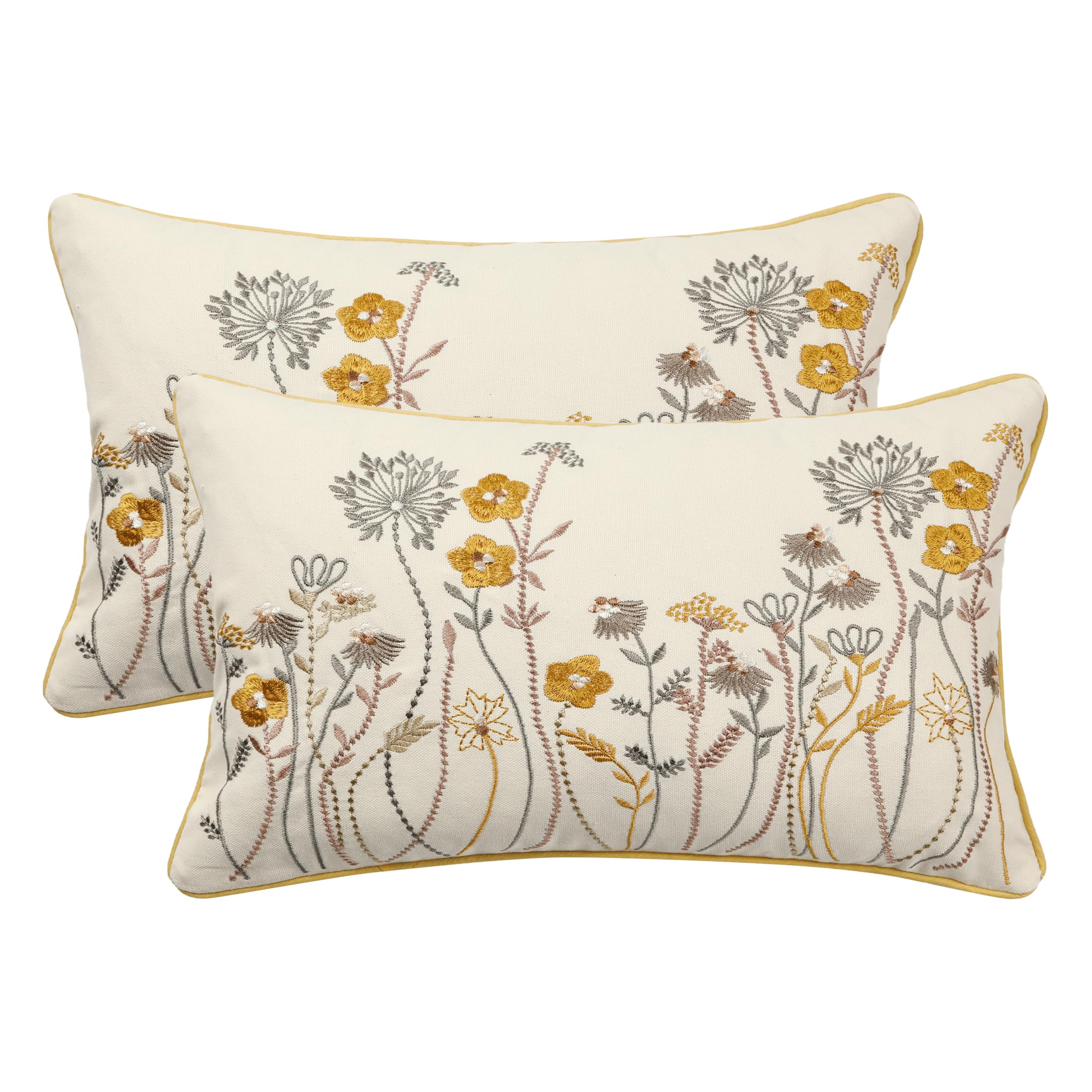 Tosleo Throw Pillow Covers Flower Embroidery 12 x 20 inch Spring Summer Cushion Cover Pillowcase Floral Set of 2 Yellow Flower Decorative for Garden Sofa Living Room Bed Couch Car Gift Home Deco
