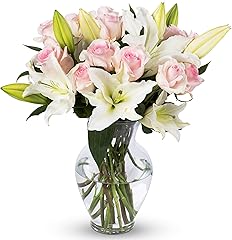 Benchmark Bouquets - Oriental Lilies & Pink Roses (Glass Vase Included) - Fresh Flowers for Delivery - Gift for Graduation, B