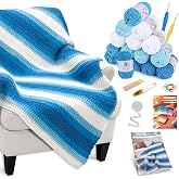 Reessy Crochet Blanket Kit for Adult Beginners, Blue Ombre Chenille Yarn | 16 chenille yarn skeins in 4 shades, hooks, tools and video instructions for adults learning crochet.