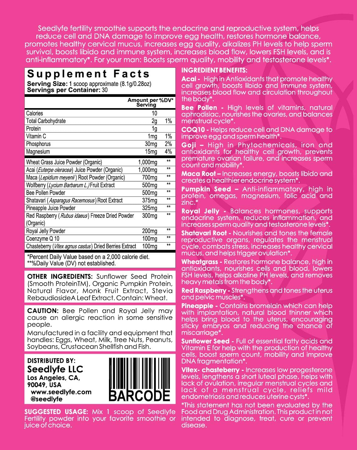 Seedlyfe Fertility Smoothie Blend for Women & Men 57 Grams: Health & Personal Care