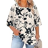 LOMON Womens Plus Size Tops Summer 3/4 Length Sleeve Crewneck Blouses Dressy Casual Loose Curvy Flowy Tunic Shirts 1X-5X