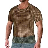 Men's Mesh Fishnet Top Short Sleeve Sheer See Through T Shirt Fitted Muscle Blouse Clubwear