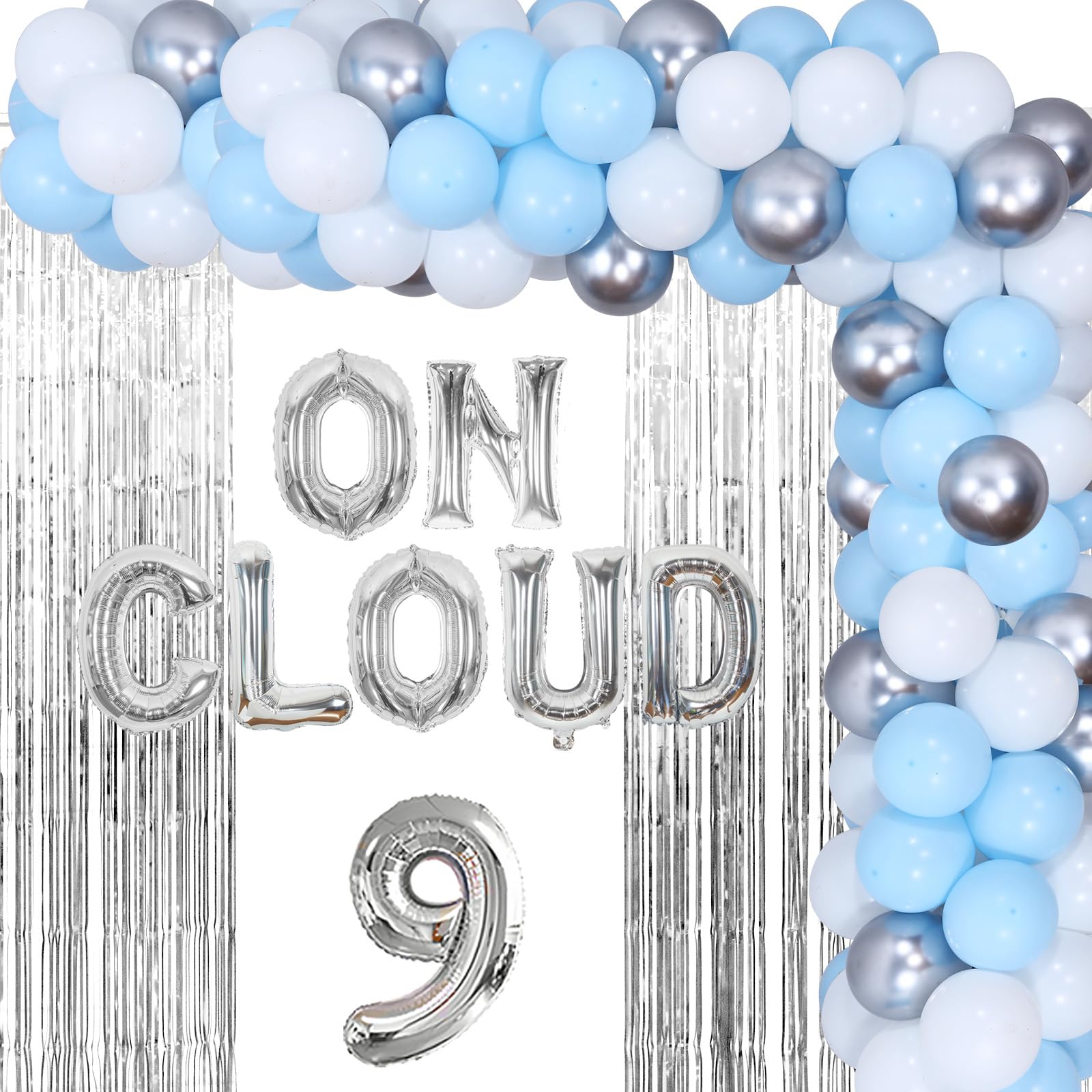Photo 1 of Fangleland On Cloud 9 Birthday Decorations for Girls, Baby Blue Balloons Garland Kit Fringe Curtains for Nine Year Old Girl, Bride On Cloud 9 Balloons for 9th Birthday Party Supplies