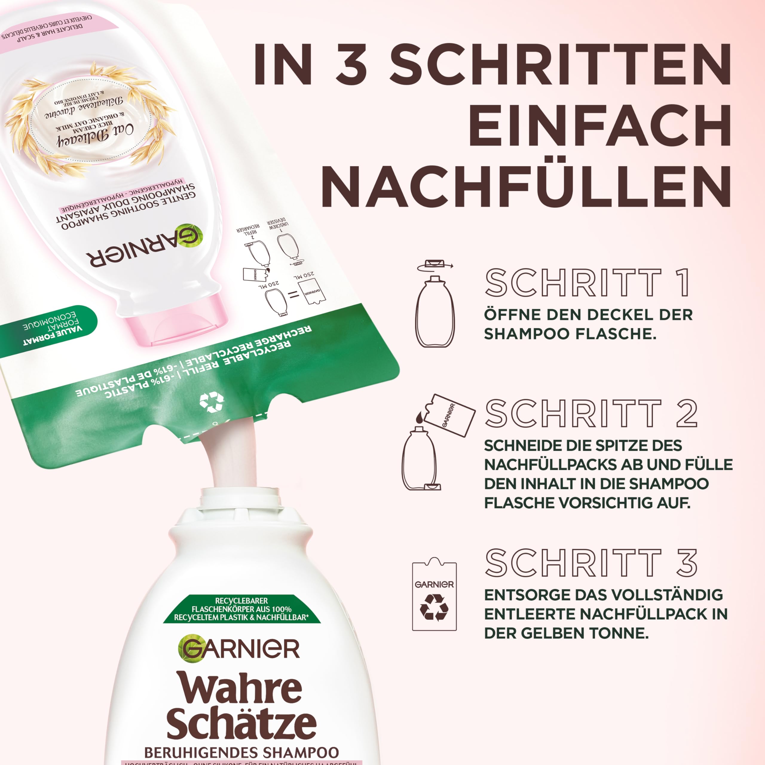 Garnier Wahre Schätze Sanfte Hafermilch Shampoo Refill Multipack, Nachfüllpack mit -60% weniger Plastik, recyclebar, für empfindliches Haar, sensible Kopfhaut, spendet Feuchtigkeit, 1x250ml 6