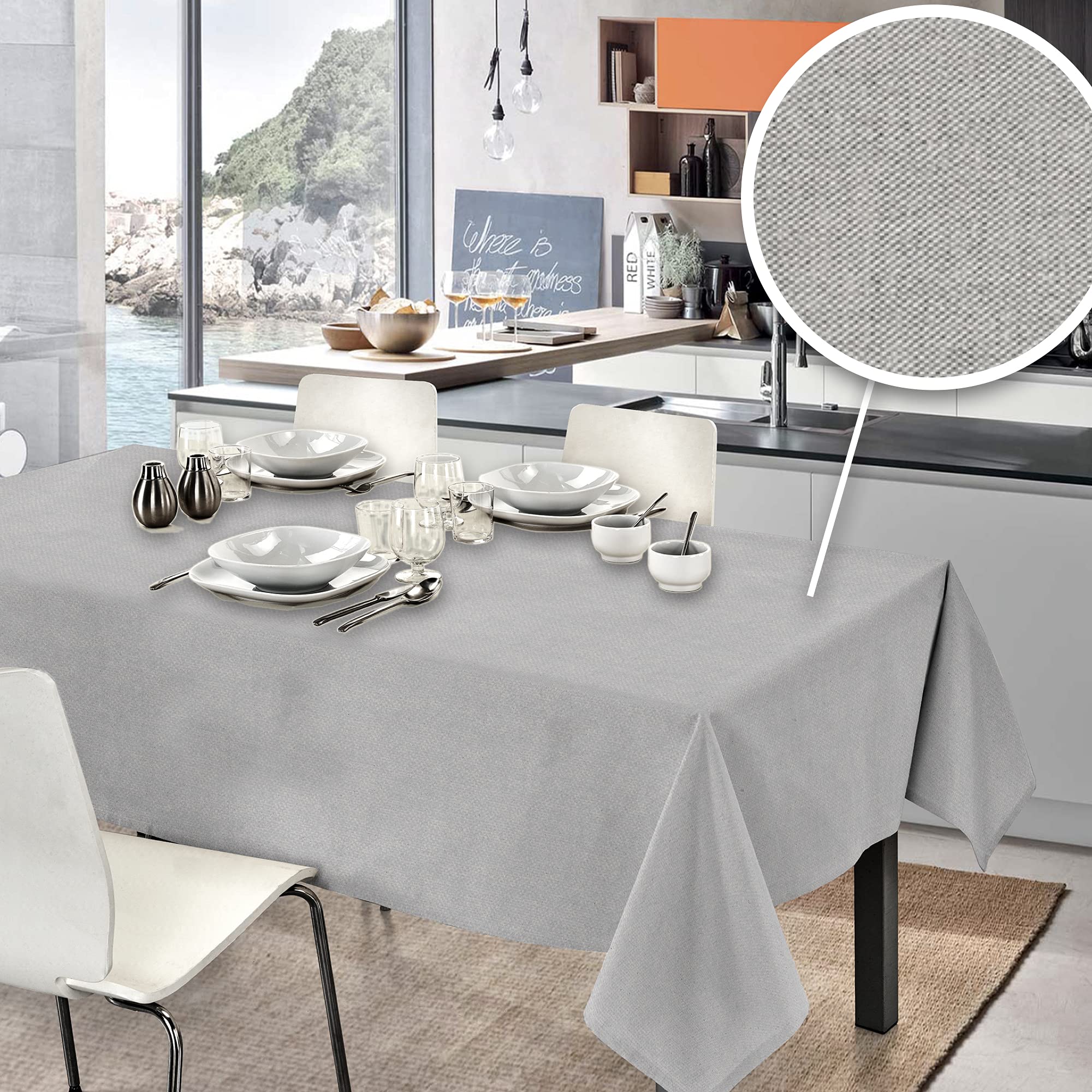 PENSIERI DELICATI ‎DELICATE THOUGHTS Tablecloth 140 x 190 cm Made in Italy, Table Cover 100% Pure Cotton Recycled Yarn Dyed, Plain Grey Pattern, Ecological Rectangular Tablecloth