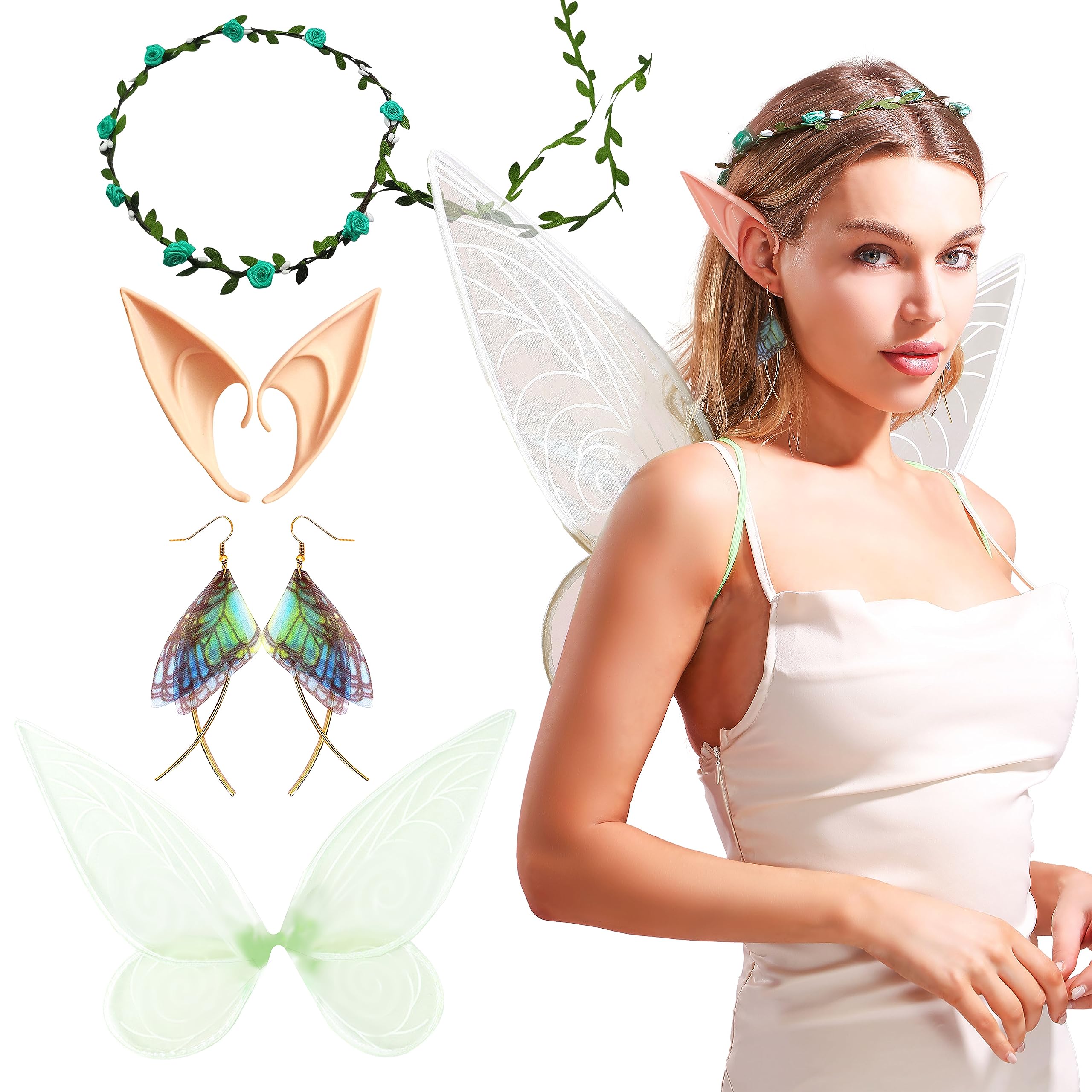 JeVenis Green Fairy Wings for Adults Fairy Tinker Bell Costume Women Fairy Elf Ears Floral Headband Crown Wings Earrings