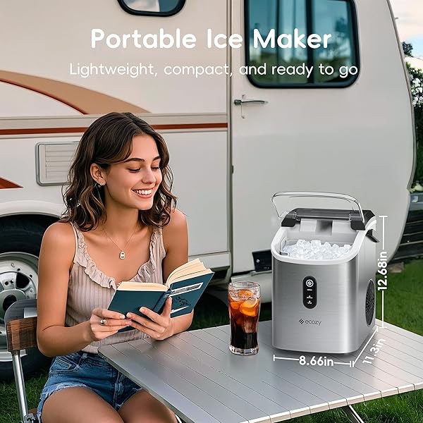 ECOZY NUGGET ICE MAKER COUNTERTOP WITH HANDLE, PEBBLE ICE IN 5 MINS, 33 LBS PER DAY, SELF-CLEANING ICE MACHINE WITH ICE BAGS AND SCOOP, PORTABLE ICE MAKER FOR KITCHEN, BAR, PARTIES, CAMPING, RV