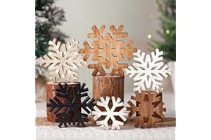 Yuntau 6 Pcs Christmas Table Decoration Wooden Farmhouse Table Centerpieces Rustic Christmas Tree House Reindeer Elk Angel Snowflake Wooden Sign Block Tiered Tray Decor for Xmas Gifts(Snowflake)