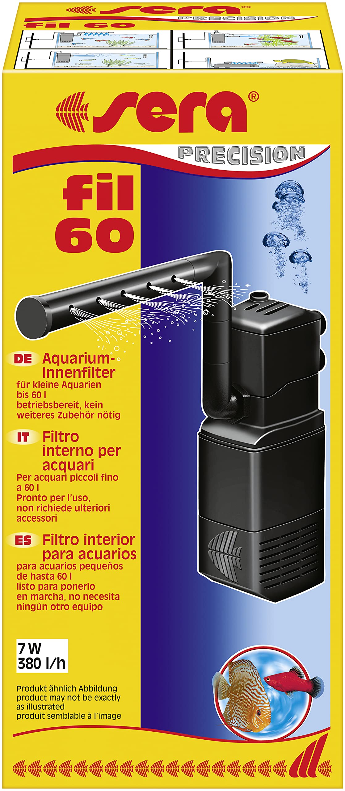 Sera Fil 60 06843 Internal Aquarium Filter, 380 l/h for aquariums up to 60 liters, with Modular Structure with Filter (with Sponge and Active Carbon)