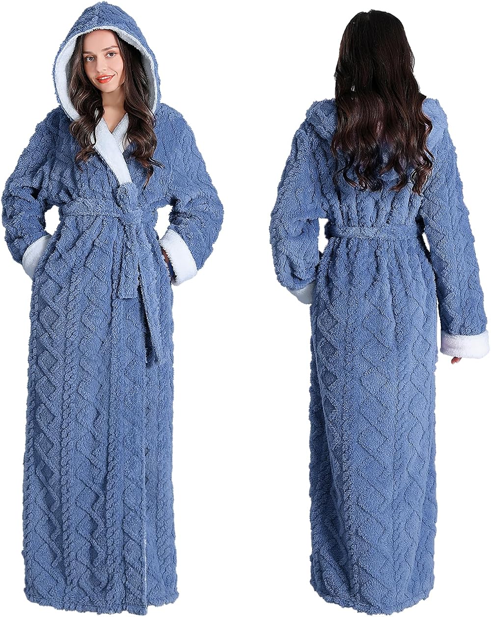 Oksun Womens Long Hooded Fluffy Fleece Bathrobe XL Winter Warm Blue