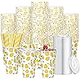 Tessco 150 Pieces/50 Sets Lemonade Cups with Lids and Paper Straws 16oz Disposable Iced Coffee Paper Cup Summer Citrus Cold Lemonade Stand Supplies for Fruit Party Beverages Drinks Juices