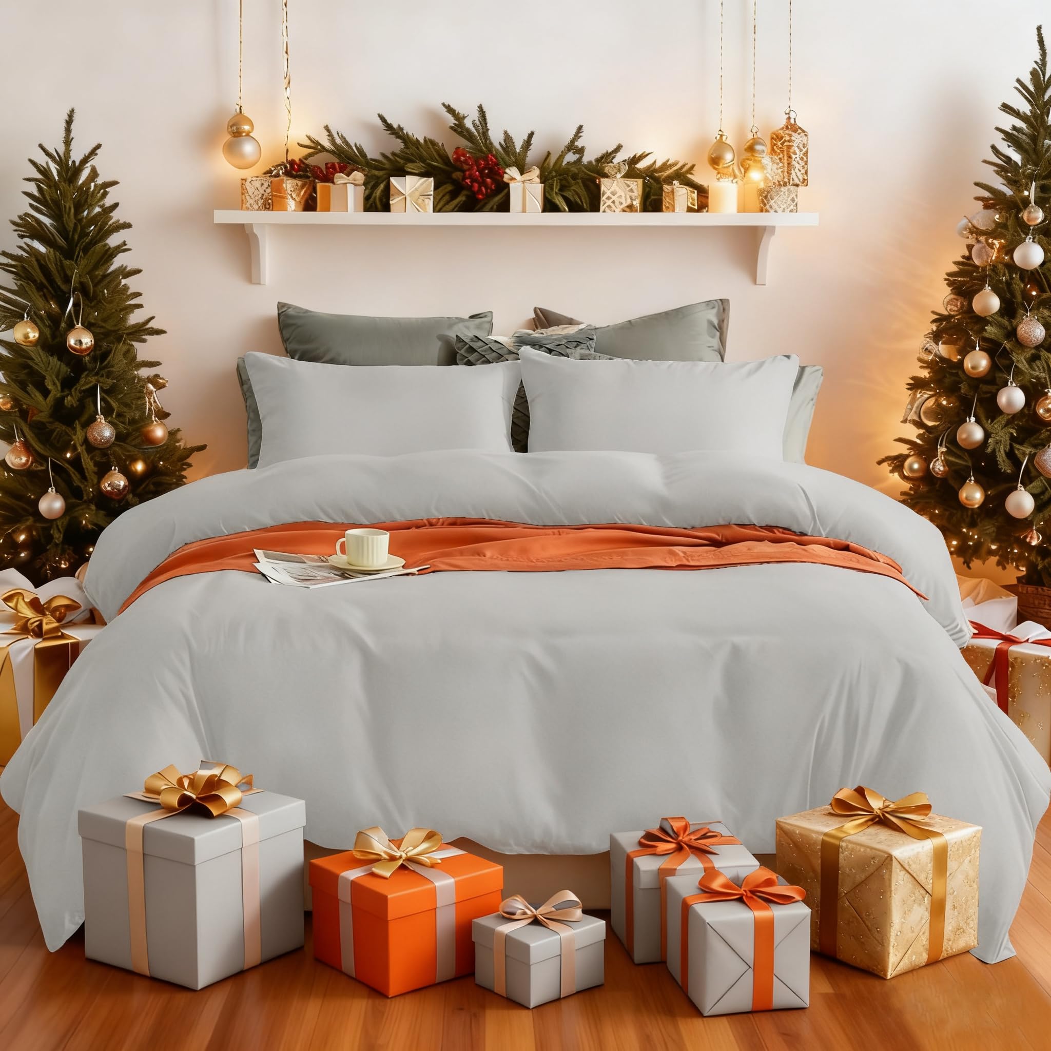 AYSW Bedding Set and Fitted Sheet 110GSM 4 Pieces Brushed Microfiber with 1 Duvet Cover 2 Pillowcases and 1 Fitted Sheet (4 PCS Double, Light Grey)