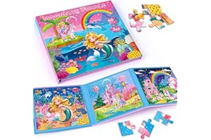 SHXYKZ Mermaid Princess Unicorn Magnetic Puzzles for Toddlers 3-5 Girls, 3x20 Travel Puzzles for Toddlers 4-6 Montessori Preschool Learning Activities, Ideal Road Trip Activities Toys for 3 4 5 6 Girls
