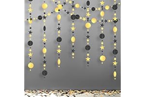 KatchOn, Black and Gold Star Garlands- 42 Feet, Pack of 3 | Pre-Strung, Star Garland for New Years Party Supplies 2026 | New Years Decorations 2026 | Happy New Year Backdrop, Moon Stars Starry Night