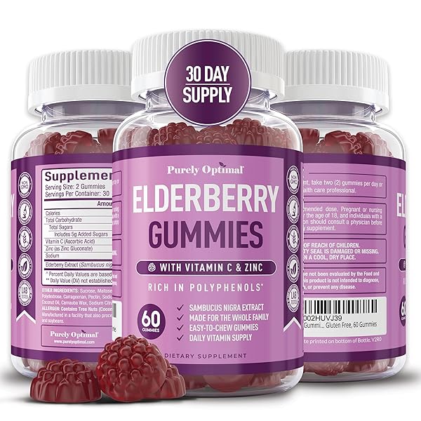 PURELY OPTIMAL ELDERBERRY GUMMIES – IMMUNE SUPPORT SUPPLEMENT WITH VITAMIN C & ZINC, ORGANIC BLACK ELDERBERRY EXTRACT, VEGAN, NON-GMO, GLUTEN-FREE, 60 COUNT