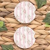 Car Coasters for Cup Holders Set of 2 – Vintage Pink Floral Stripe Cup Holder Inserts with Finger Notch – Cute Coquette Cottagecore Car Accessories for Women