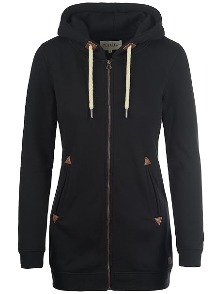 DESIRES Vicky Straight-Zip Damen Lange Sweatjacke Kapuzenjacke Sweatshirtjacke Mit Kapuze Und Fleece-Innenseite