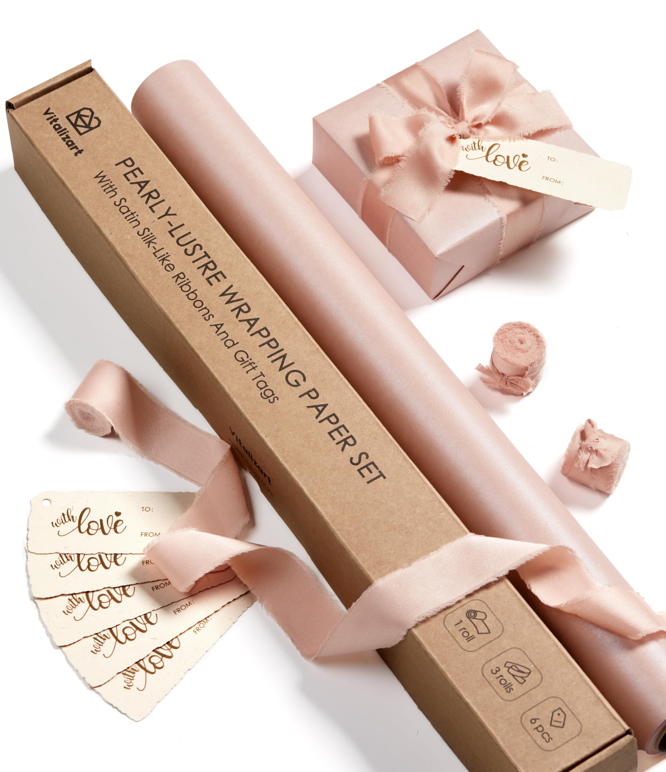 Photo 1 of Vitalizart Pink Wrapping Paper Set 17" Pearly-Lustre With Silk Like Satin Ribbon & Gift Tags Recyclable Eco-Friendly Christmas Gift Wrapping Birthday Baby Shower Wedding Handmade Crafts 197"(16.4 Ft)