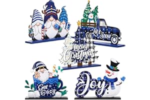Huwena 5 Pcs Christmas Table Decorations Wooden Xmas Table Centerpiece Signs Joy Snowman Gnomes Signs Buffalo Plaid Christmas Decors for Winter Holiday Tiered Tray Decor(Blue)