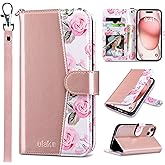 ULAK Compatible with iPhone 15 Wallet Case for Women, Premium PU Leather Floral Flip Cover with Card Holder, Kickstand Feature Protective Purse Case for iPhone 15 2023 6.1 Inch, Rose Gold