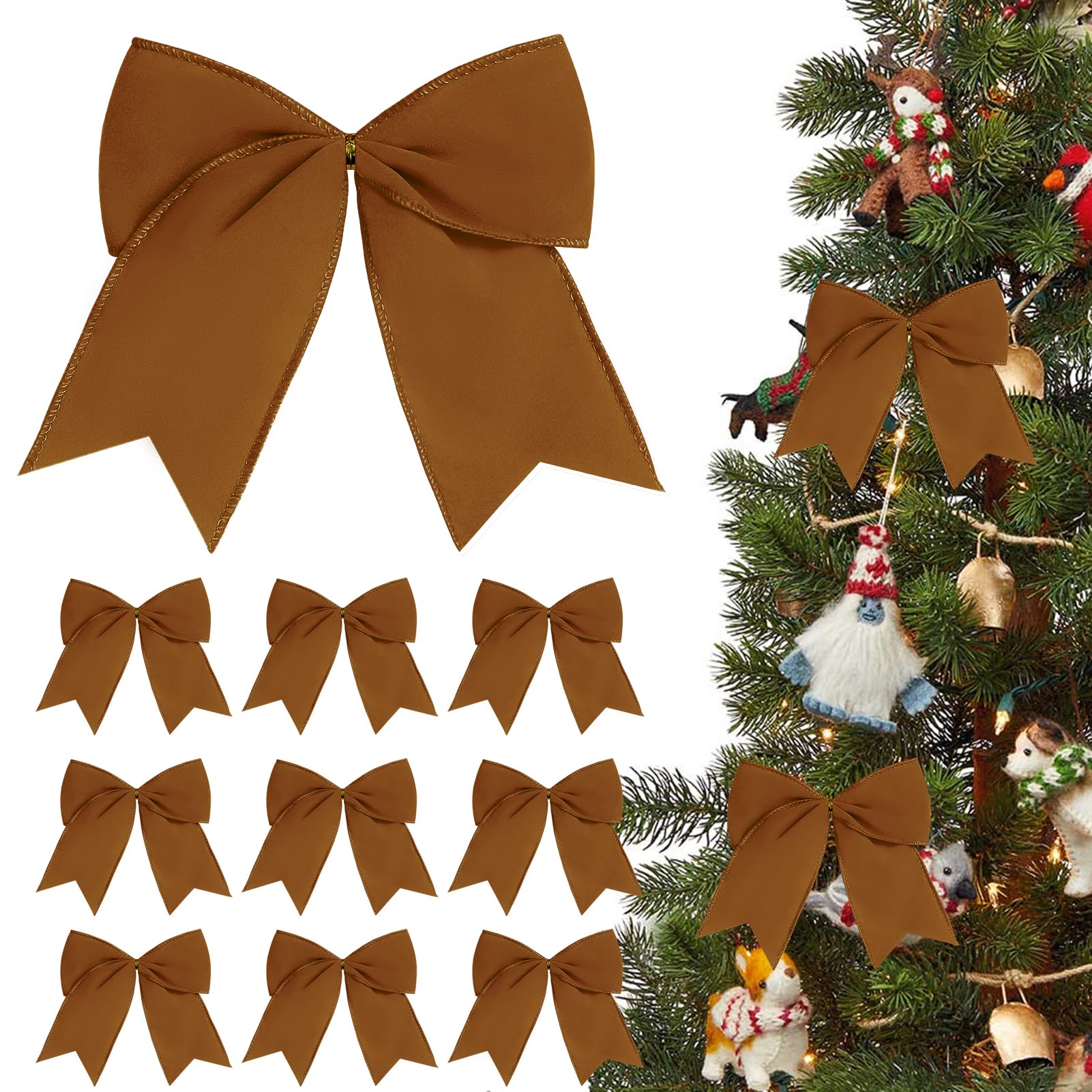 Photo 1 of 12Pcs Vintage Velvet Bows Christmas Tree Decorations,6 Inch Brown Xmas Ornaments for Tree Home Party Front Door Wreath Holiday Indoor Inside Decor